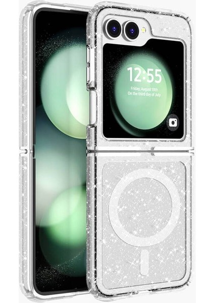 Samsung Galaxy Z Flip 6 Için Uyumlu Kılıf Magsafe Şarj Parlayan Simli Saydam Renkli Allstar Kapak