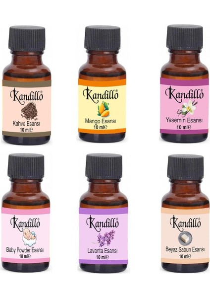 6'lı Mum Esansı Seti, Kahve, Mango, Yasemin, Lavanta, Bebek Pudrası, Beyaz Sabun Kurutma Topu Kokusu
