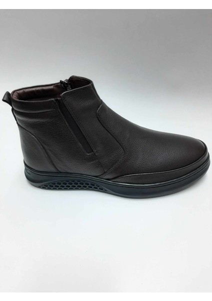 Hakiki Deri Bağcıksız Esnek Yumuşak Fermuarlı Kahverengi Kışlık Kauçuk Tabanlı Erkek Bot C-85136RTTO