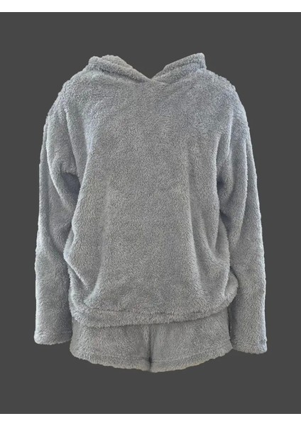 Kadın Uzun Kollu Meow Kedi Nakışlı Kapşonlu Peluş Sweat ve Short Ikili Takım fiyatları