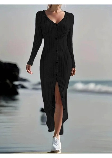 Kadın Uzun Kollu V Yakalı Önden Düğmeli Şardonlu Kaşkorse Elbise fiyatları