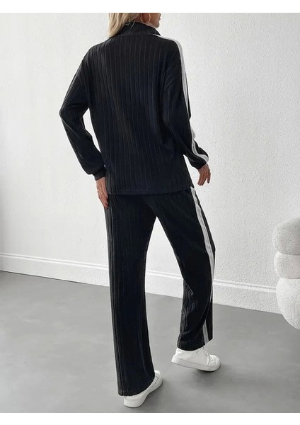 Kadın Uzun Kollu Yakadan Fermuarlı Yanları Şerit Detaylı Şardonlu Kaşkorse Bluz ve Pantolon Ikili Takım fırsatları