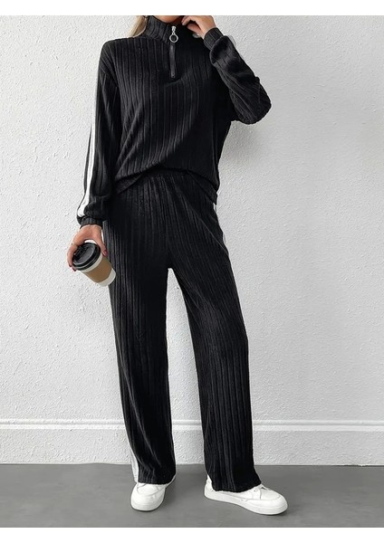 Kadın Uzun Kollu Yakadan Fermuarlı Yanları Şerit Detaylı Şardonlu Kaşkorse Bluz ve Pantolon Ikili Takım indirimleri