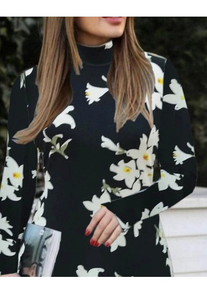 Kadın Balıkçı Yaka Uzun Kollu Çiçek Desenli Krep Elbise fiyatları