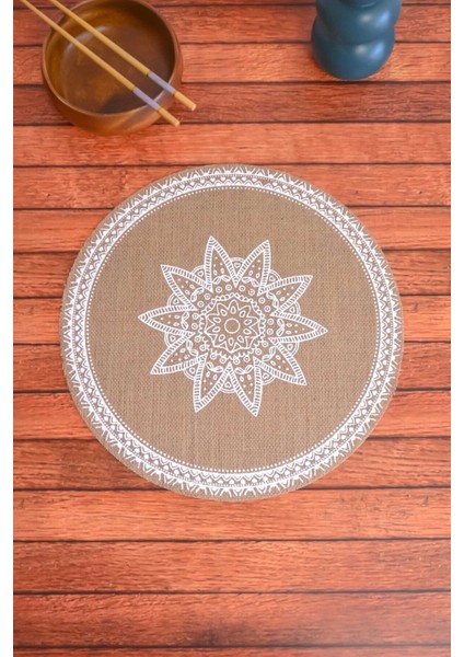 Ethnic - 6 Adet Jüt El Baskılı Yuvarlak Sofra Sunum Tabak Altlığı Supla Amerikan Servisi 38 cm