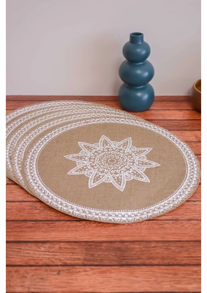 Ethnic - 6 Adet Jüt El Baskılı Yuvarlak Sofra Sunum Tabak Altlığı Supla Amerikan Servisi 38 cm