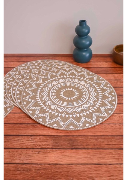 Ethnic - 6 Adet Jüt El Baskılı Yuvarlak Sofra Sunum Tabak Altlığı Supla Amerikan Servisi 38 cm