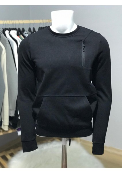 Kanguru Cepli Fermuar Detaylı Kapüşonsuz Sweatshirt %75 Cotton %25 Polyester