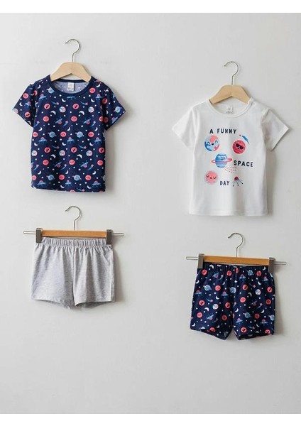 Bisiklet Yaka Kısa Kol Baskılı Pamuk Erkek Bebek Pijama Takımı
