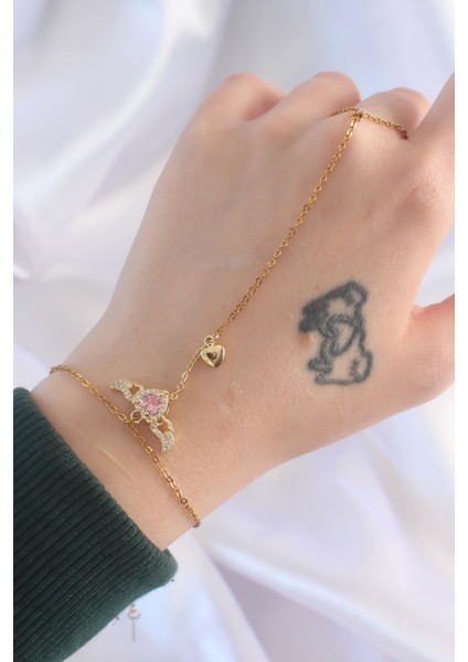 316L Çelik Gold Renk Pembe Zirkon Taşlı Kanatlı Kalp Model Şahmeran - TJ-SN585