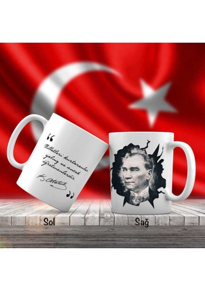 Asil Hediyelik Siyah Beyaz Mustafa Kemal Atatürk Portre - Atatürk'ün Sözleri -Kupa Bardak