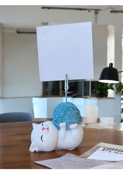 Mavi Sim Yumak Tutan Yatan Kawaii Kedi Temalı Not Tutacağı Fotoğraf Tutacak Tutucu Ofis Hediyelik