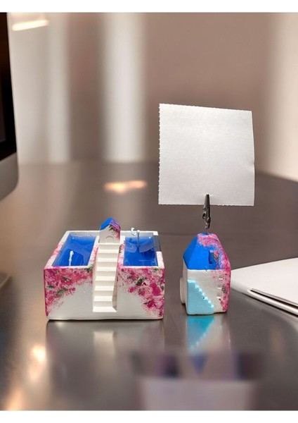 Santorini - Mikanos - Alaçatı Konseptli Ev Mum / Ev Not Fotoğraf Tutuculu Hediyelik Ofis Seti fırsatları