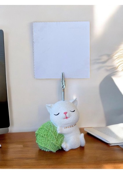 Yeşil Yumak Tutan Oturan Kawaii Kedi Temalı Not Tutacağı Fotoğraf Tutacak Tutucu Ofis Seti Hediyelik