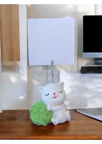 Yeşil Yumak Tutan Oturan Kawaii Kedi Temalı Not Tutacağı Fotoğraf Tutacak Tutucu Ofis Seti Hediyelik modelleri