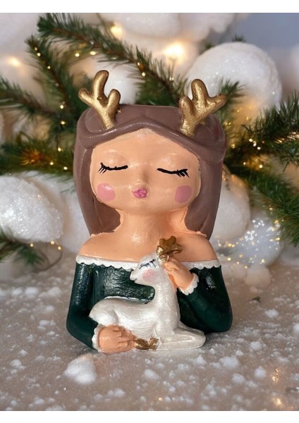 Geyikli Kız Yılbaşı Saksı Hediyelik Simli Boyama