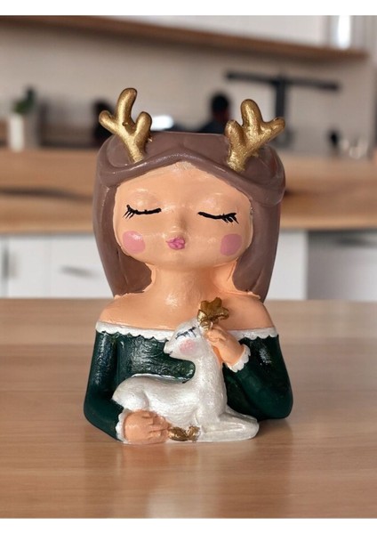 Geyikli Kız Yılbaşı Saksı Hediyelik Simli Boyama modelleri