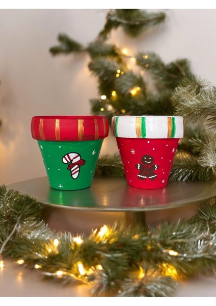 El Çizimi Yılbaşı Saksı Noel Saksı 2li Set