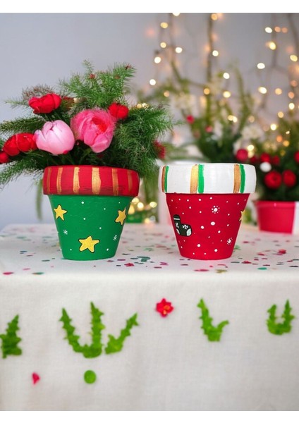 El Çizimi Yılbaşı Saksı Noel Saksı 2li Set modelleri