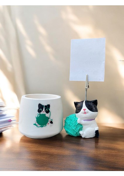 Turkuaz Yumaklı Kedi Fotoğraf - Not Tutuculu Obje Saksı Seti Hediyelik Ofis Seti fiyatları