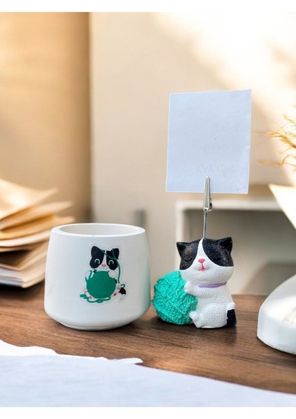 Turkuaz Yumaklı Kedi Fotoğraf - Not Tutuculu Obje Saksı Seti Hediyelik Ofis Seti modelleri