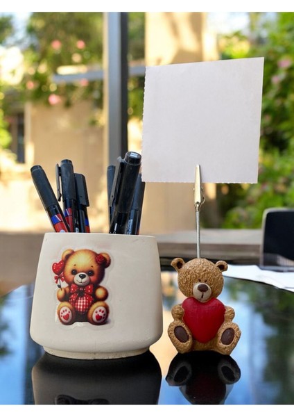 Sevimli Kalp Tutan Ayı Fotoğraf Not Tutacağı Ekose Ayı Kalemlik Ofis Seti Hediyelik Tutacak