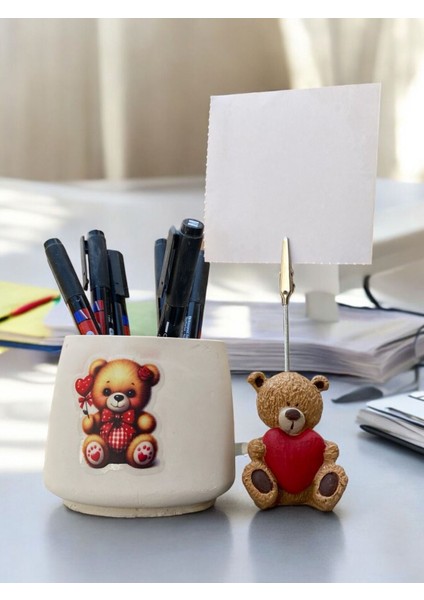 Sevimli Kalp Tutan Ayı Fotoğraf Not Tutacağı Ekose Ayı Kalemlik Ofis Seti Hediyelik Tutacak fiyatları