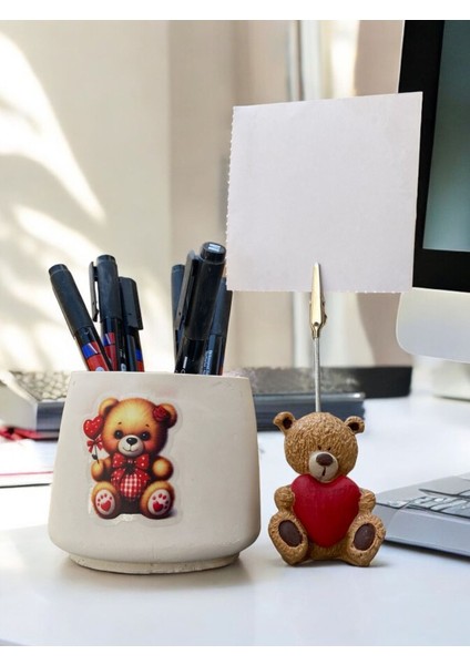 Sevimli Kalp Tutan Ayı Fotoğraf Not Tutacağı Ekose Ayı Kalemlik Ofis Seti Hediyelik Tutacak fırsatları