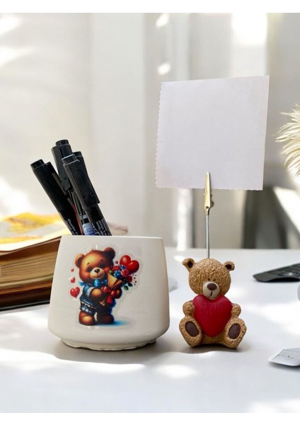 Sevimli Kalp Tutan Ayı Fotoğraf Not Tutacağı Balonlu Ayı Kalemlik Ofis Seti Hediyelik Tutacak modelleri