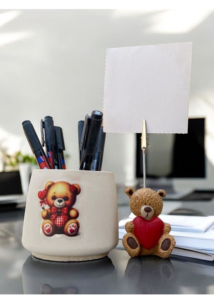 Sevimli Kalp Tutan Ayı Fotoğraf Not Tutacağı Ekose Ayı Kalemlik Ofis Seti Hediyelik Tutacak indirimleri