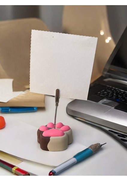Bej Kahve Pembe Sevimli Kedi Patisi Fotoğraf Not Tutacak Pati Ofis Masası Hediyelik