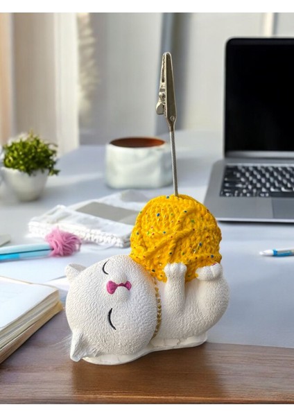 Sevimli Sarı Puantiyeli Yumaklı Kedi Fotoğraf Not Tutacağı Ofis Masası Hediyelik Tutucu