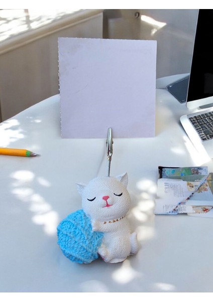 Mavi Yumak Tutan Oturan Kawaii Kedi Temalı Not Tutacağı Fotoğraf Tutacak Tutucu Ofis Seti Hediyelik