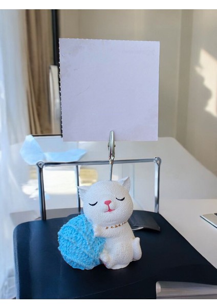 Mavi Yumak Tutan Oturan Kawaii Kedi Temalı Not Tutacağı Fotoğraf Tutacak Tutucu Ofis Seti Hediyelik