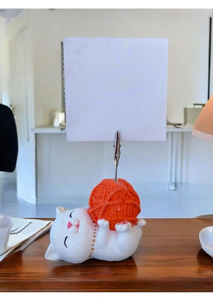 Turuncu Yumaklı Yatan Kawaii Kedi Temalı Not Tutacağı Fotoğraf Tutacak Tutucu Ofis Hediyelik