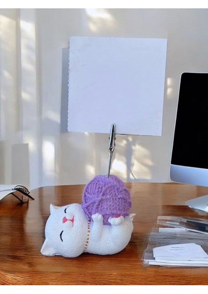 Lila Yumak Tutan Yatan Kawaii Kedi Temalı Not Tutacağı Fotoğraf Tutacak Tutucu Ofis Seti Hediyelik