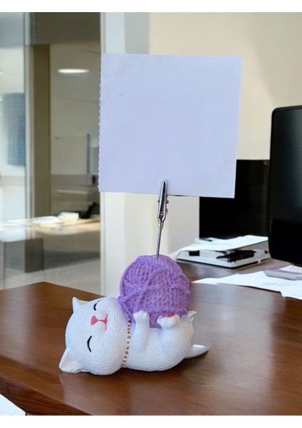 Lila Yumak Tutan Yatan Kawaii Kedi Temalı Not Tutacağı Fotoğraf Tutacak Tutucu Ofis Seti Hediyelik