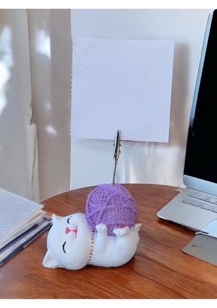 Lila Yumak Tutan Yatan Kawaii Kedi Temalı Not Tutacağı Fotoğraf Tutacak Tutucu Ofis Seti Hediyelik