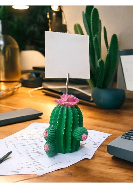 Pembe Çiçek Desenli Kaktüs Obje Fotoğraf Not Tutucu Ofis Masası Tutacak Hediyelike