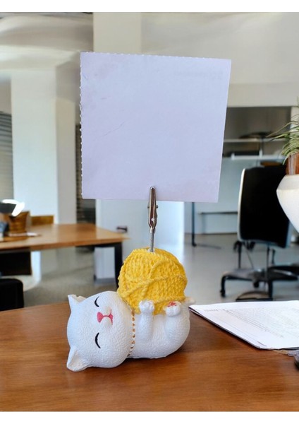 Sarı Yumak Tutan Yatan Kawaii Kedi Temalı Not Tutacağı Fotoğraf Tutacak Tutucu Ofis Seti Hediyelik