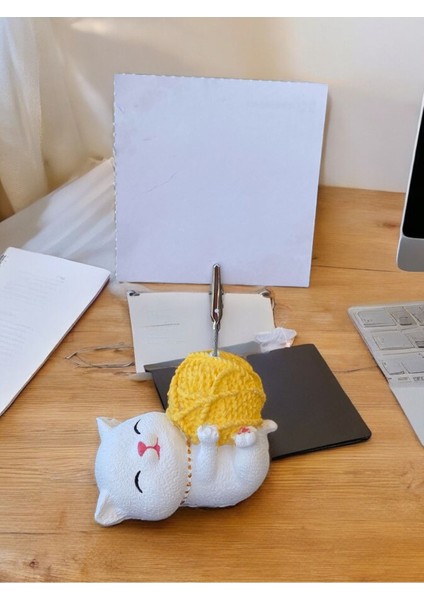 Sarı Yumak Tutan Yatan Kawaii Kedi Temalı Not Tutacağı Fotoğraf Tutacak Tutucu Ofis Seti Hediyelik