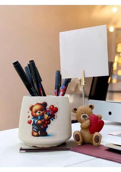 Sevimli Kalp Kucaklayan Ayı Fotoğraf Not Tutacağı Balonlu Ayı Kalemlik Ofis Seti Hediyelik Tutacakn modelleri