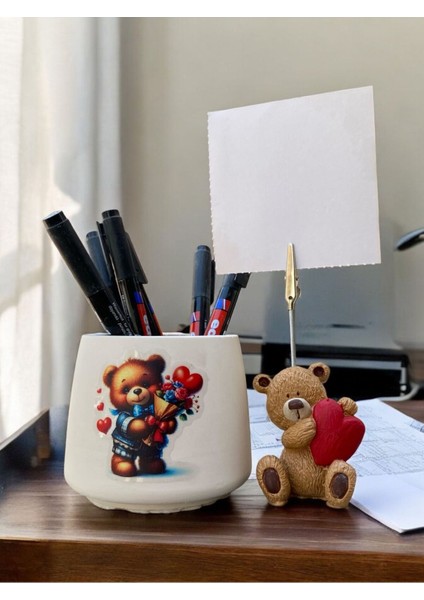 Sevimli Kalp Kucaklayan Ayı Fotoğraf Not Tutacağı Balonlu Ayı Kalemlik Ofis Seti Hediyelik Tutacakn indirimleri
