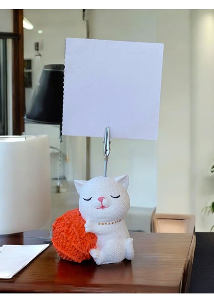 Turuncu Yumaklı Oturan Kawaii Kedi Temalı Not Tutacağı Fotoğraf Tutacak Tutucu Ofis Hediyelik