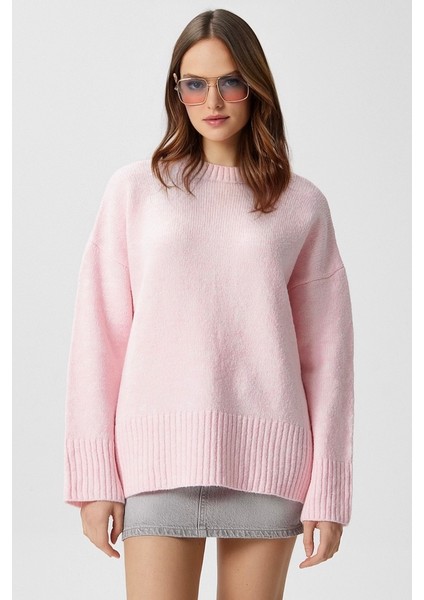 Kadın Homy Yumuşacık Bisiklet Yaka Soft Pembe Oversize Triko Kazak