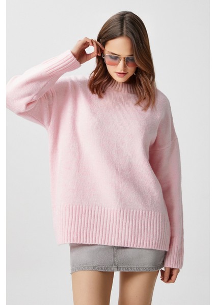 Kadın Homy Yumuşacık Bisiklet Yaka Soft Pembe Oversize Triko Kazak