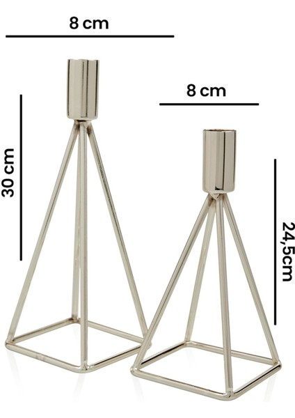 Pramid Şamdan - Gümüş - 30X8 cm + 24,5x8 cm