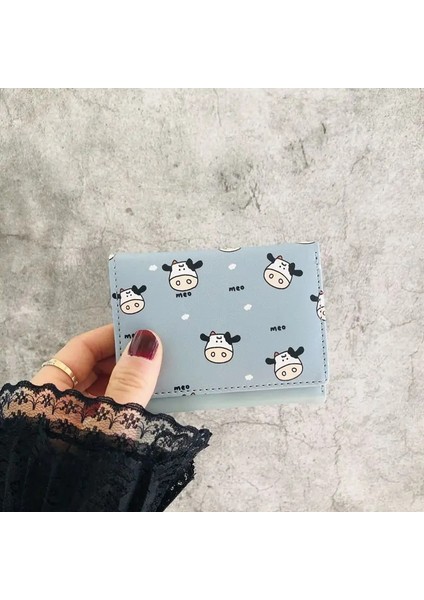 Katlanabilir Mavi Stil Sevimli Inek Baskı Kadın Cüzdanı Pu Deri Küçük Kadın Cüzdan Kadın Kısa Cüzdan Üç Katlı Kawaii Karikatür Kız Kredi Kartı Tutacağı (Yurt Dışından)