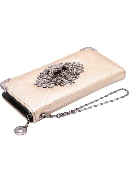 Altın Kafatası Stili Kadın Cüzdan Moda Bayan Bileklik Çanta Uzun Para Çantası Fermuar Bozuk Para Cüzdanı Kartları Kımlık Tutucu Kadın Metal Kafatası Desen Cüzdan (Yurt Dışından)