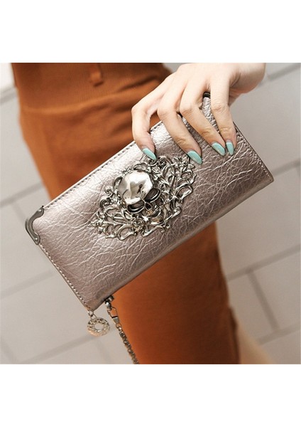 Altın Kafatası Stili Kadın Cüzdan Moda Bayan Bileklik Çanta Uzun Para Çantası Fermuar Bozuk Para Cüzdanı Kartları Kımlık Tutucu Kadın Metal Kafatası Desen Cüzdan (Yurt Dışından) indirimleri